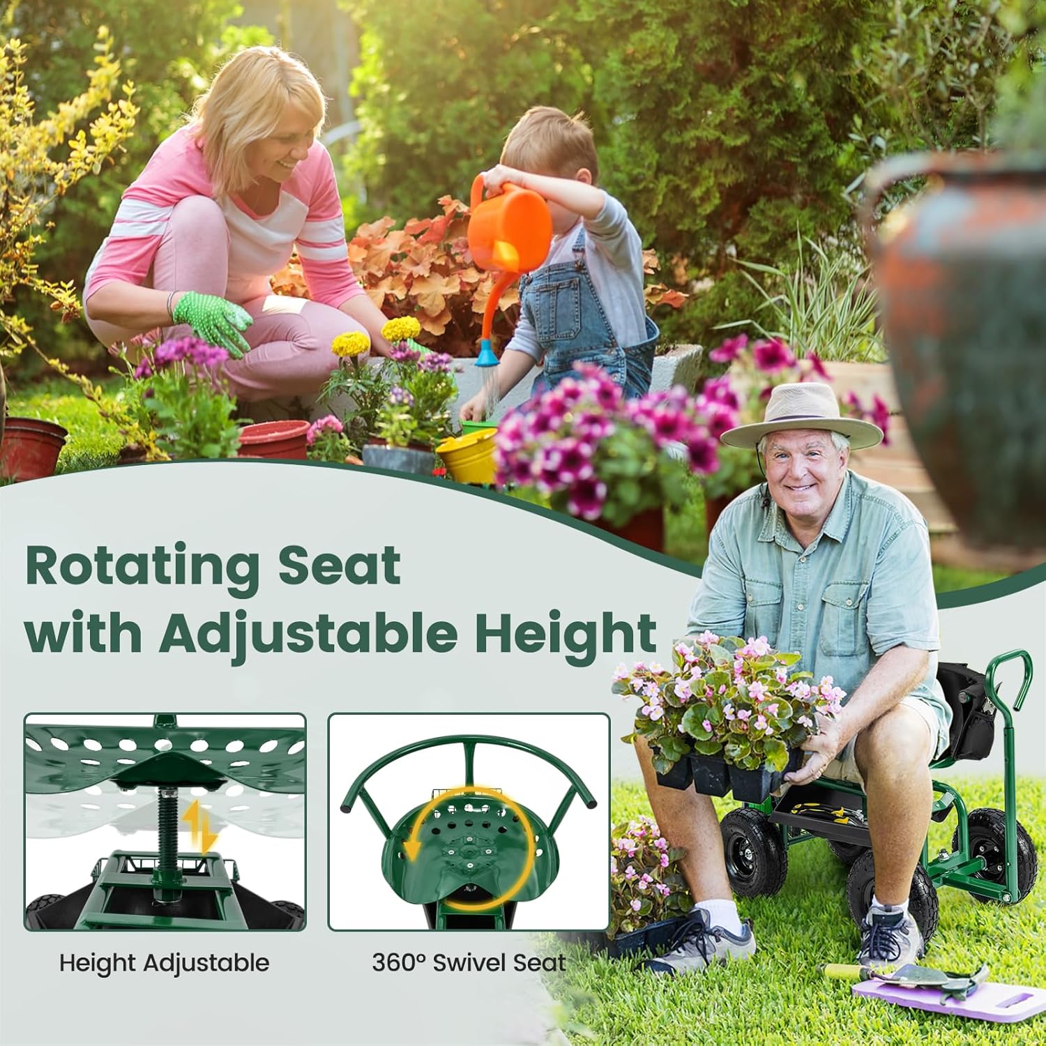 Rolling Gardening Seat with Wh - огляд і ціна Gardening Tools For Seniors