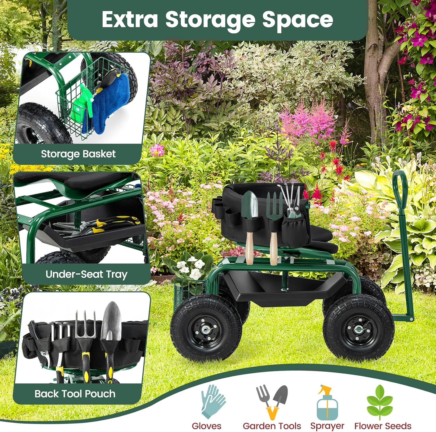 Rolling Gardening Seat with Wh - огляд і ціна Gardening Tools For Seniors