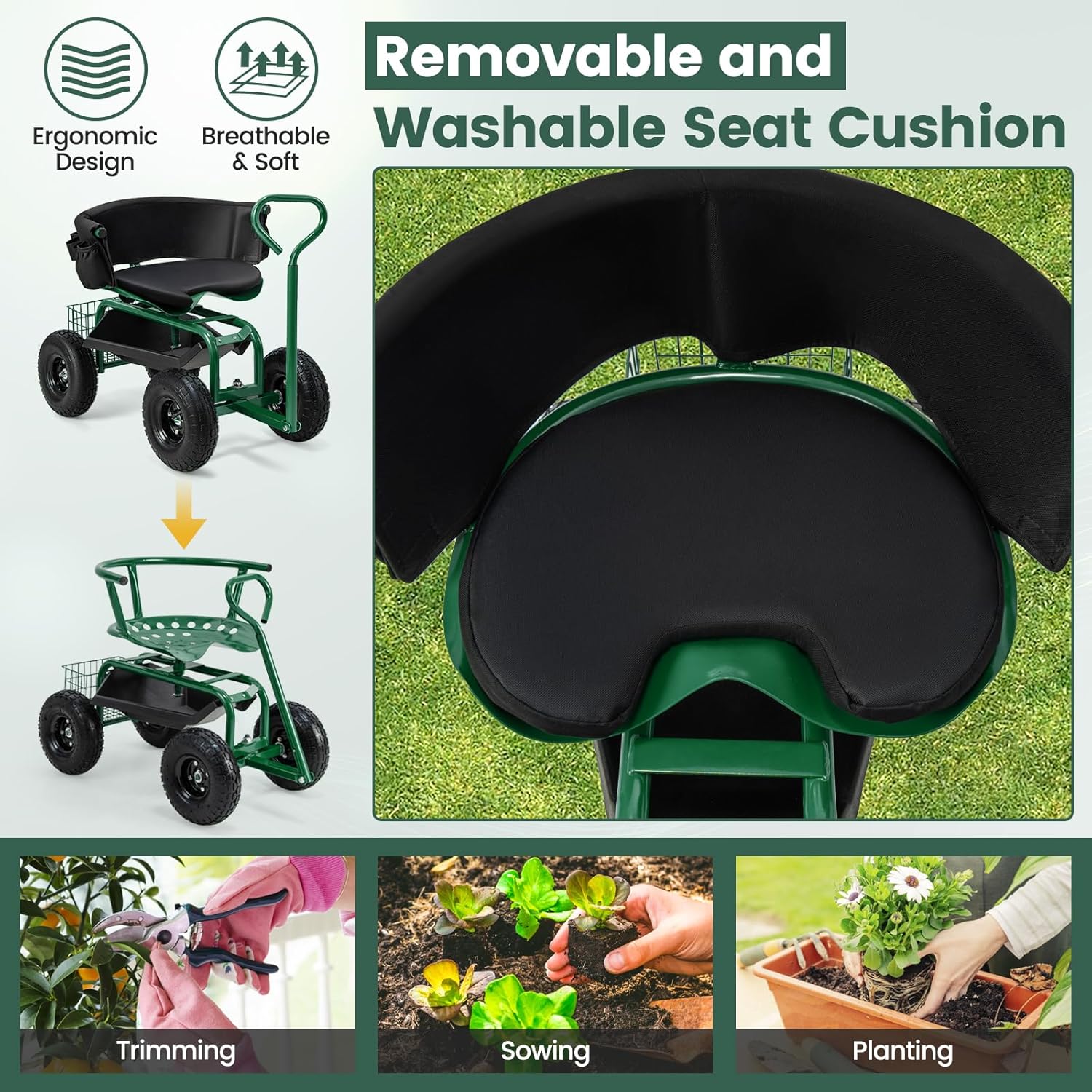 Rolling Gardening Seat with Wh - огляд і ціна Gardening Tools For Seniors